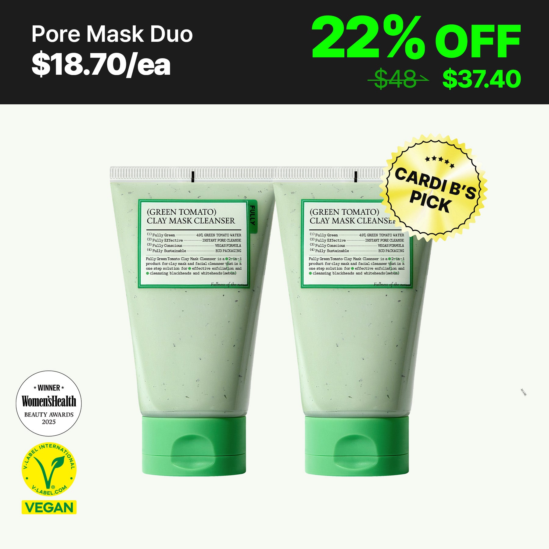FULLY Green Tomato Clay Mask Cleanser Duo l 2-Pack Bundle of Pore