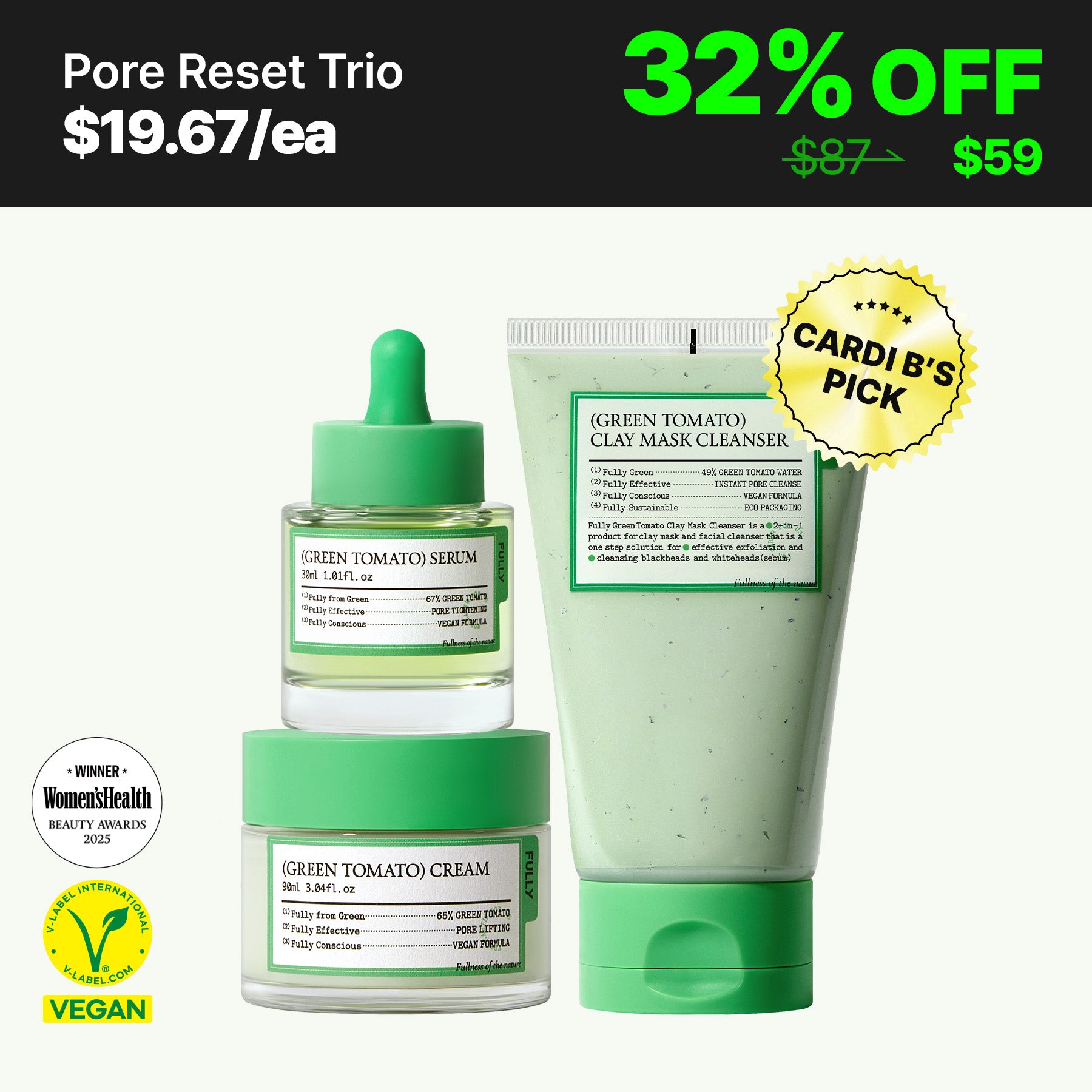 FULLY (Green Tomato) Pore Reset Trio | Vegan Pore-Tightening Set
