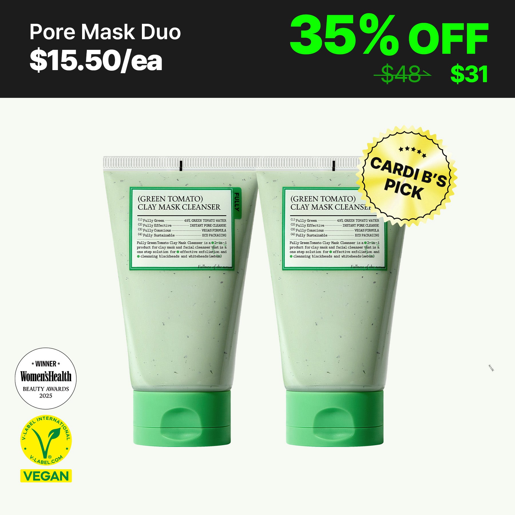 FULLY Green Tomato Clay Mask Cleanser Duo l 2-Pack Bundle of Pore